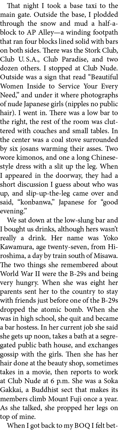 That night I took a base taxi to the main gate. Outside the base, I plodded through the snow and mud a half a block t...