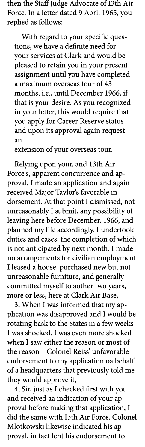 then the Staff Judge Advocate of I3th Air Force. In a letter dated 9 April 1965, you replied as follows: With regard ...