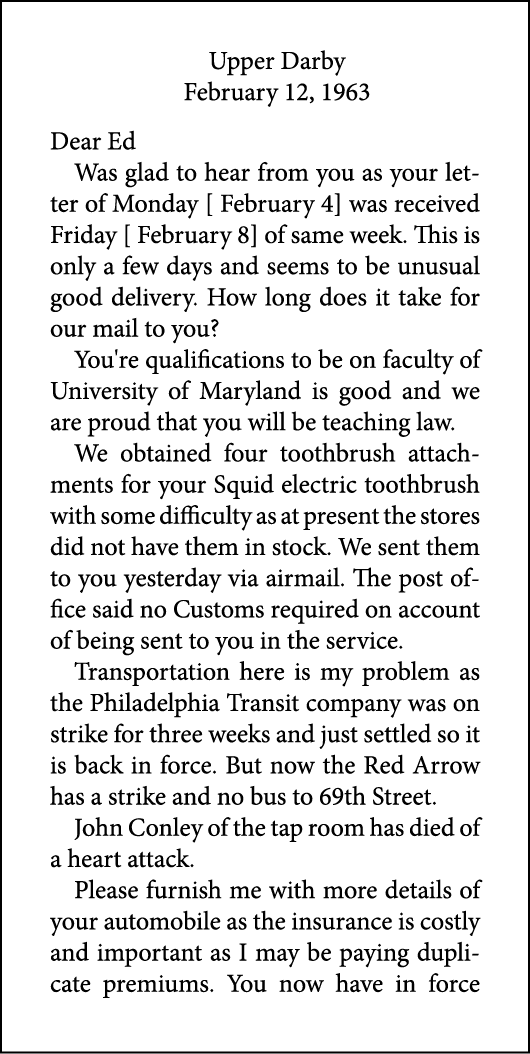 Upper Darby February 12, 1963 Dear Ed Was glad to hear from you as your letter of Monday [ February 4] was received F...