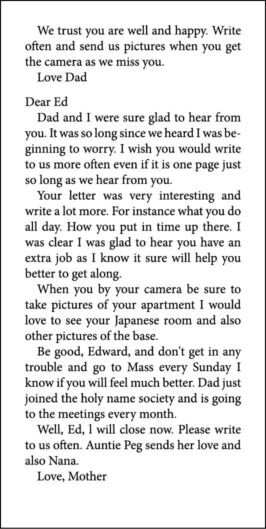 We trust you are well and happy. Write often and send us pictures when you get the camera as we miss you. Love Dad De...