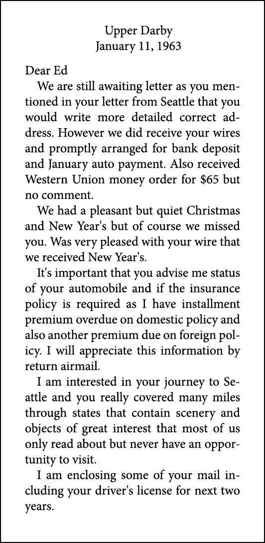 Upper Darby January 11, 1963 Dear Ed We are still awaiting letter as you mentioned in your letter from Seattle that y...
