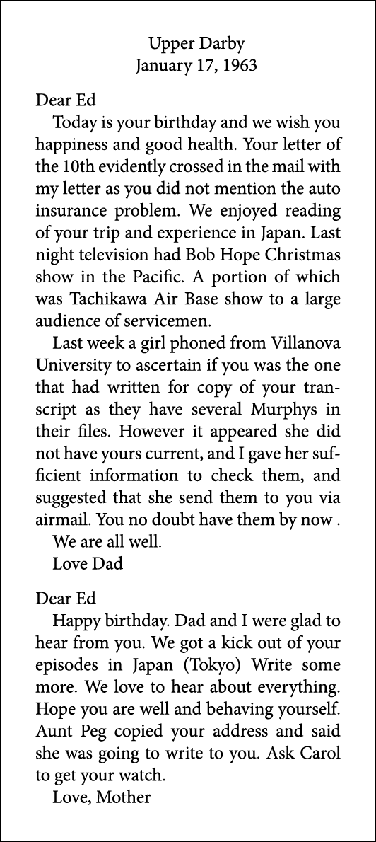 Upper Darby January 17, 1963 Dear Ed Today is your birthday and we wish you happiness and good health. Your letter of...