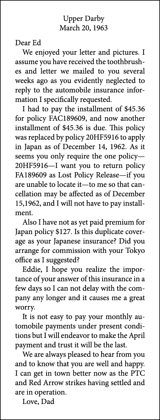 Upper Darby March 20, 1963 Dear Ed We enjoyed your letter and pictures. I assume you have received the toothbrushes a...