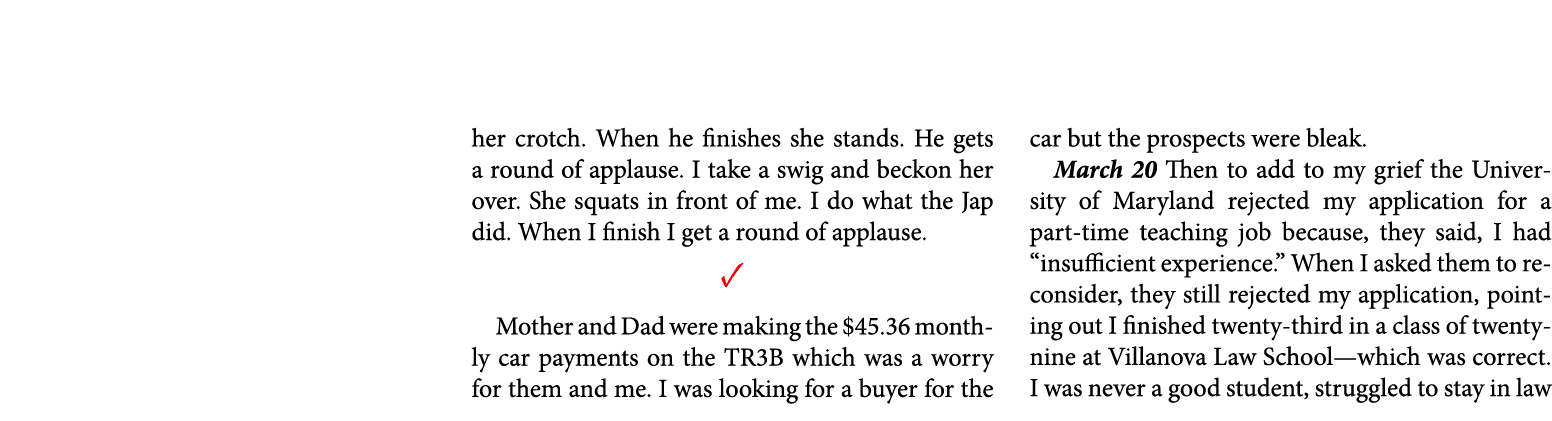 her crotch. When he finishes she stands. He gets a round of applause. I take a swig and beckon her over. She squats i...