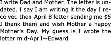 I write Dad and Mother. The letter is undated. I say I am writing it the day I received their April 8 letter sending ...