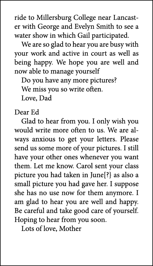 ride to Millersburg College near Lancaster with George and Evelyn Smith to see a water show in which Gail participate...