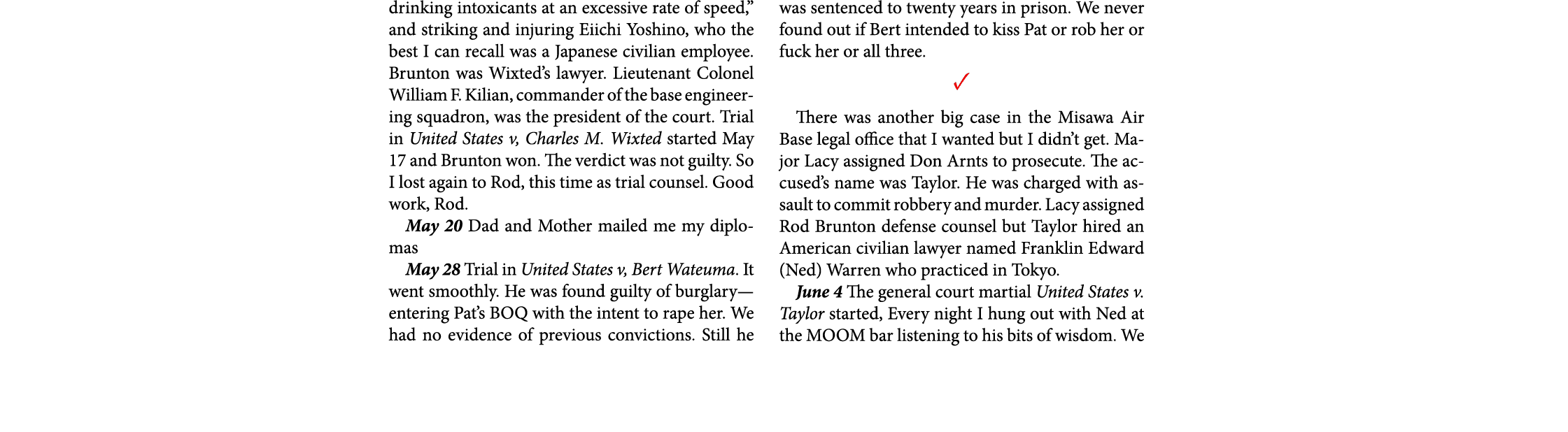 drinking intoxicants at an excessive rate of speed,” and striking and injuring Eiichi Yoshino, who the best I can rec...