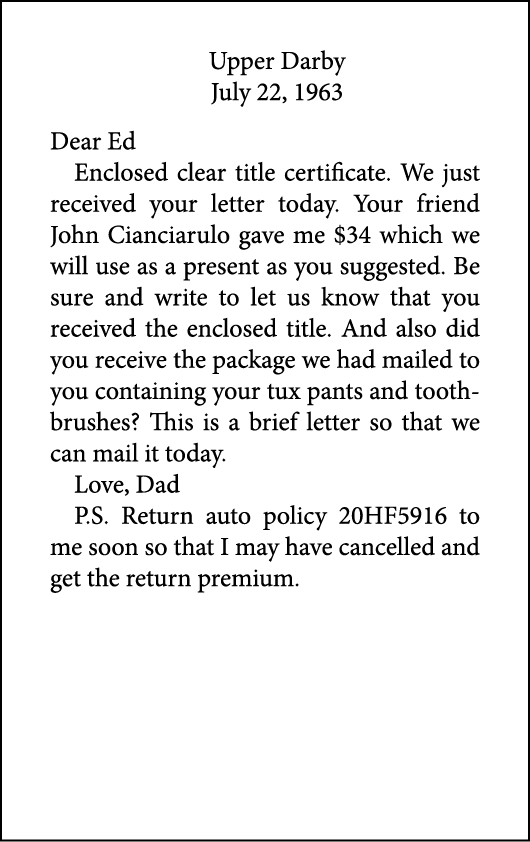 Upper Darby July 22, 1963 Dear Ed Enclosed clear title certificate. We just received your letter today. Your friend ﻿...