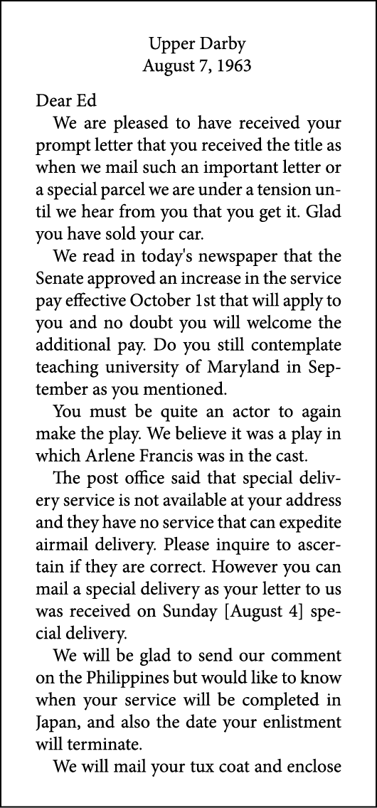 Upper Darby August 7, 1963 Dear Ed We are pleased to have received your prompt letter that you received the title as ...