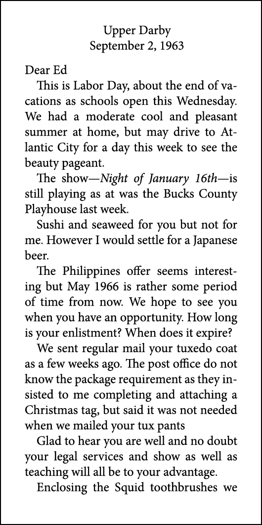 Upper Darby September 2, 1963 Dear Ed This is Labor Day, about the end of vacations as schools open this Wednesday. W...