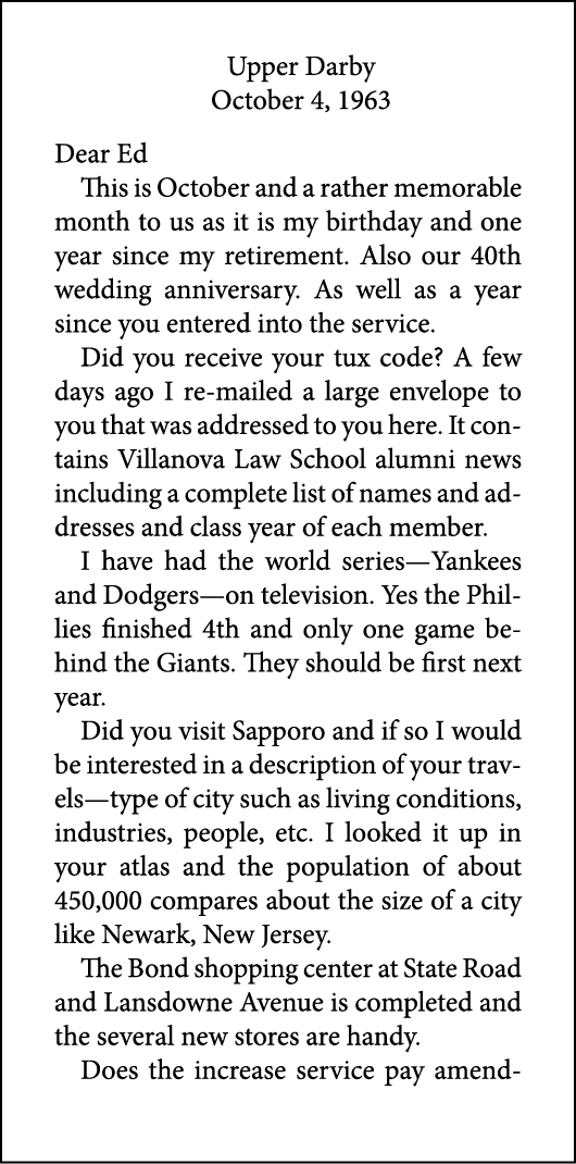 Upper Darby October 4, 1963 Dear Ed This is October and a rather memorable month to us as it is my birthday and one y...
