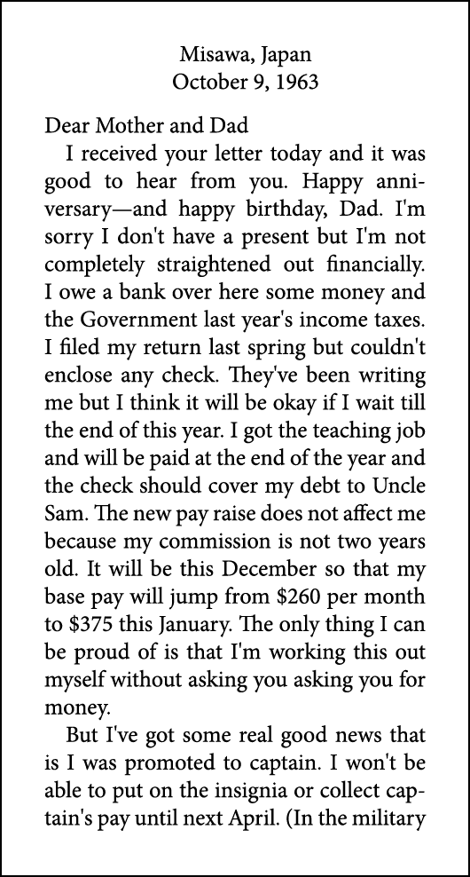 Misawa, Japan October 9, 1963 Dear Mother and Dad I received your letter today and it was good to hear from you. Happ...