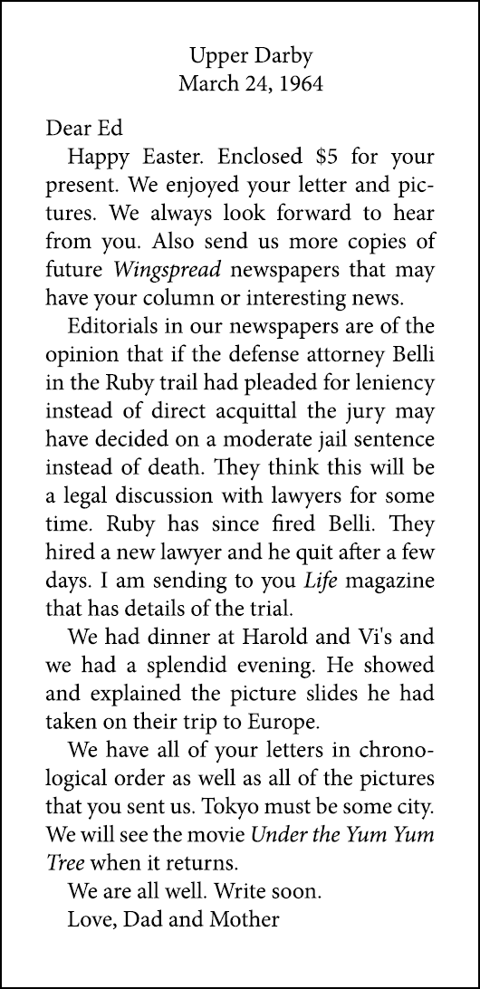 Upper Darby March 24, 1964 Dear Ed Happy Easter. Enclosed $5 for your present. We enjoyed your letter and pictures. W...
