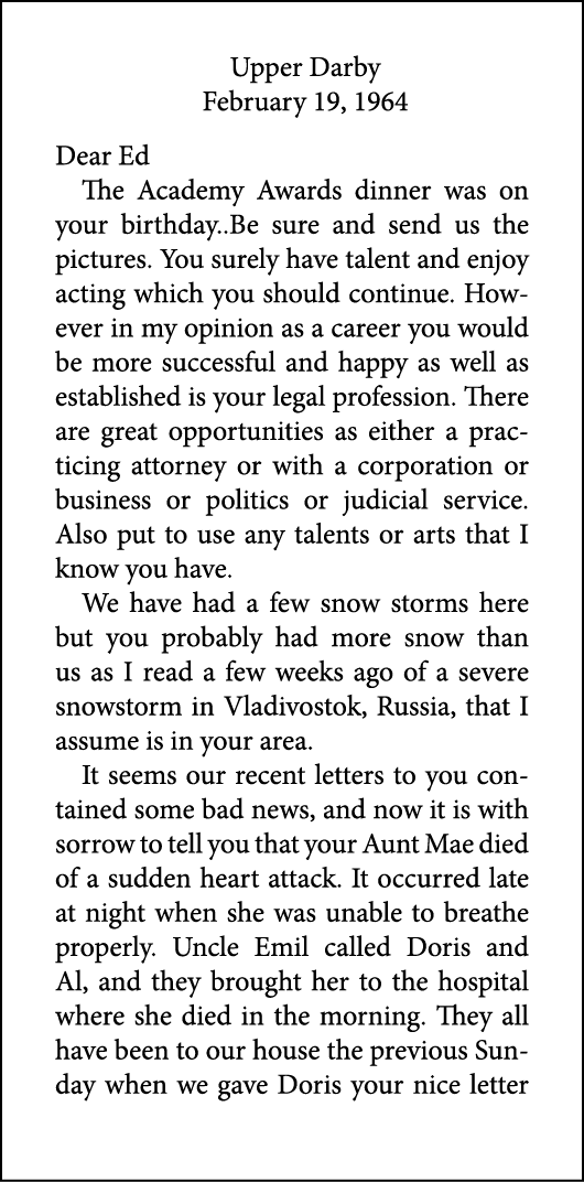 Upper Darby February 19, 1964 Dear Ed The Academy Awards dinner was on your birthday..Be sure and send us the picture...