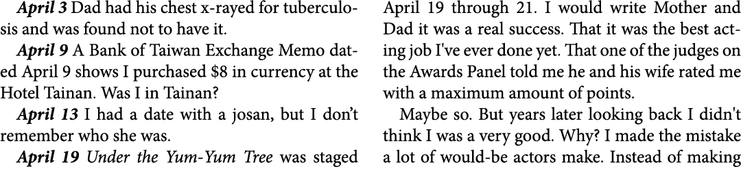 April 3 Dad had his chest x rayed for tuberculosis and was found not to have it. April 9 A Bank of Taiwan Exchange Me...