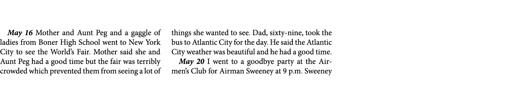 May 16￼ Mother and Aunt Peg and a gaggle of ladies from ﻿Boner High School went to ﻿New York City to see the World’s ...