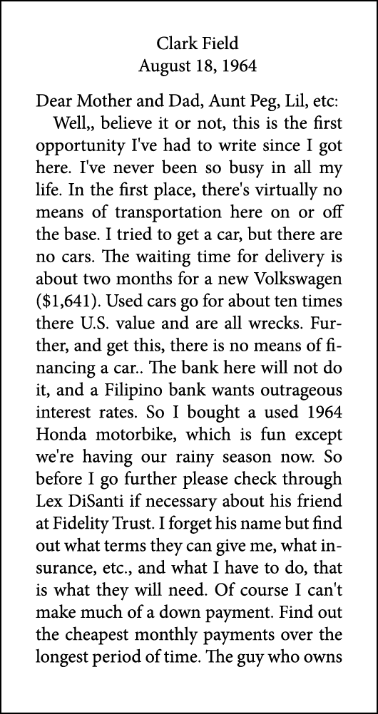 Clark Field August 18, 1964 Dear Mother and Dad, Aunt Peg, Lil, etc: Well,, believe it or not, this is the first oppo...