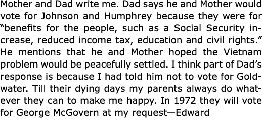 Mother and Dad write me. Dad says he and Mother would vote for Johnson and Humphrey because they were for “benefits f...