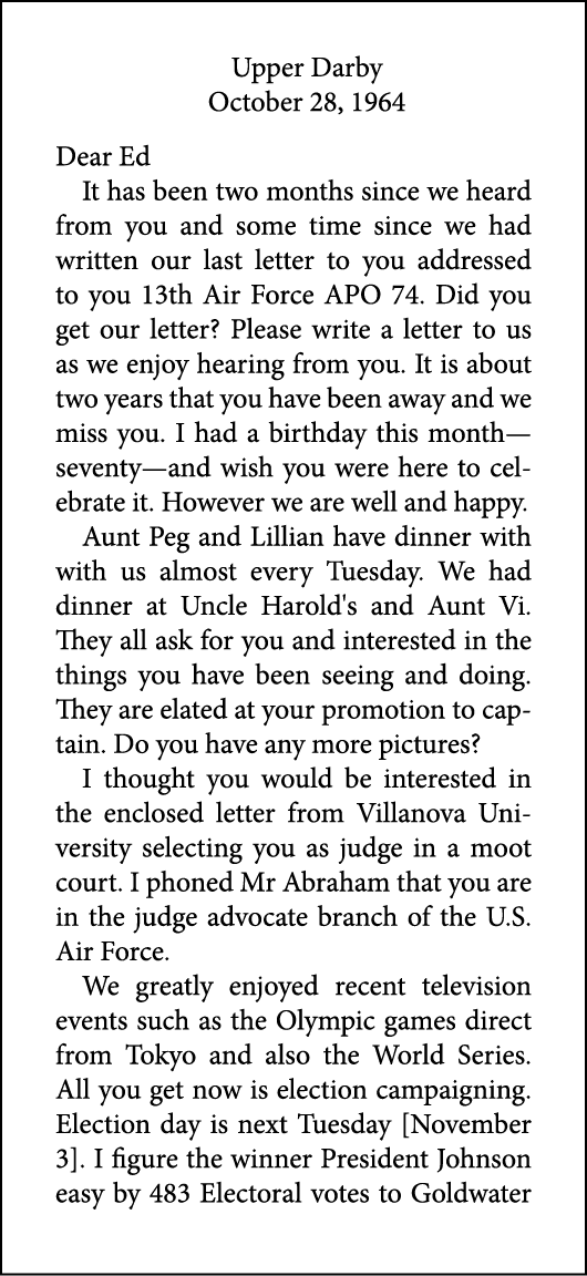 Upper Darby October 28, 1964 Dear Ed It has been two months since we heard from you and some time since we had writte...
