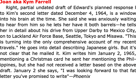 Joan aka Kym Farrell Right, partial undated draft of Edward's planned response l to Kim's second letter dated Decembe...