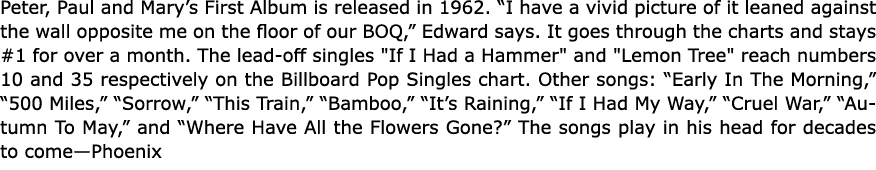Peter, Paul and Mary’s First Album is released in 1962. “I have a vivid picture of it leaned against the wall opposit...