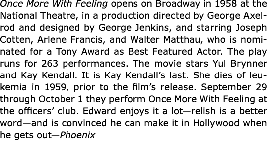 Once More With Feeling opens on Broadway in 1958 at the National Theatre, in a production directed by George Axelrod ...