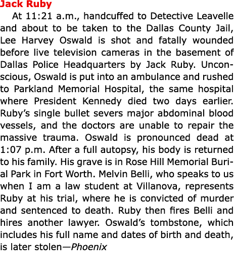 Jack Ruby At 11:21 a.m., handcuffed to Detective Leavelle and about to be taken to the Dallas County Jail, Lee Harve...