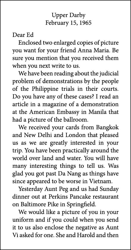 Upper Darby February 15, 1965 Dear Ed Enclosed two enlarged copies of picture you want for your friend Anna Maria. Be...