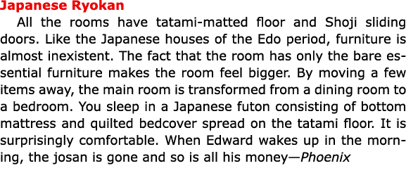 Japanese Ryokan All the rooms have ﻿tatami matted floor and Shoji sliding doors. Like the Japanese houses of the Edo ...