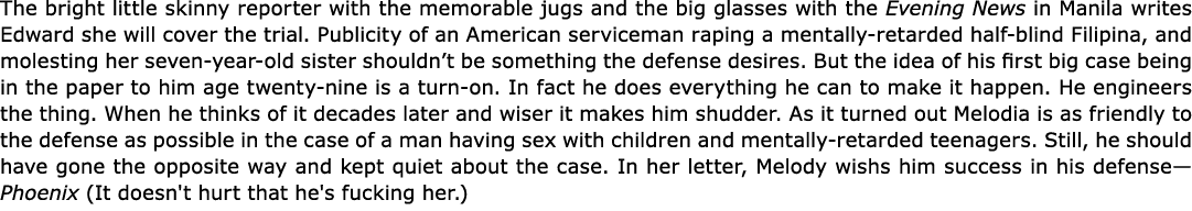 The bright little skinny reporter with the memorable jugs and the big glasses with the ﻿Evening News in ﻿Manila write...