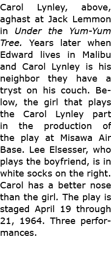 Carol Lynley, above, aghast at ﻿Jack Lemmon in ﻿Under the Yum Yum Tree. Years later when Edward lives in Malibu and ...