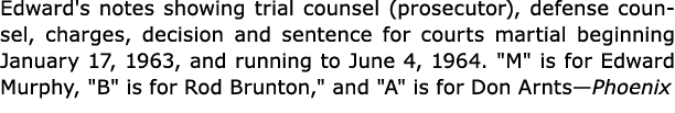 Edward's notes showing trial counsel (prosecutor), defense counsel, charges, decision and sentence for courts martial...