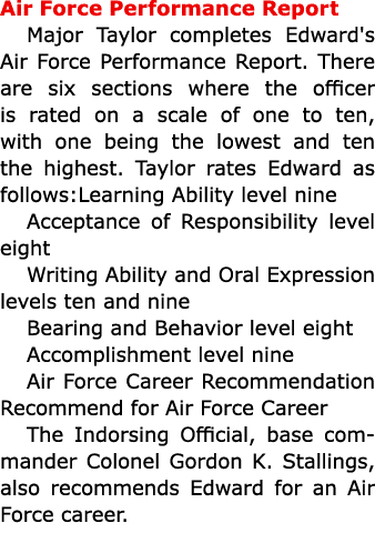 Air Force Performance Report Major Taylor completes Edward's Air Force Performance Report. There are six sections whe...