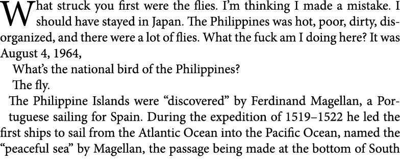 What struck you first were the flies. I’m thinking I made a mistake. I should have stayed in Japan. The ﻿﻿Philippines...