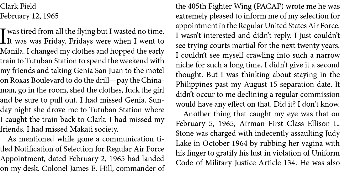 Clark Field February 12, 1965 I was tired from all the flying but I wasted no time. It was was Friday. Fridays were w...