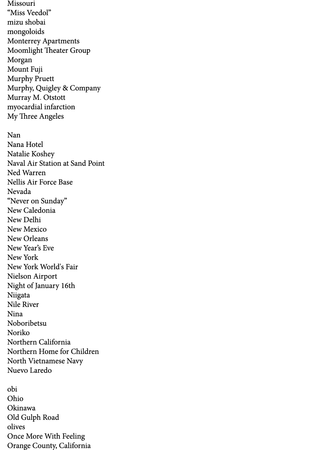 Missouri “Miss Veedol” mizu shobai mongoloids Monterrey Apartments Moomlight Theater Group Morgan Mount Fuji Murphy P...