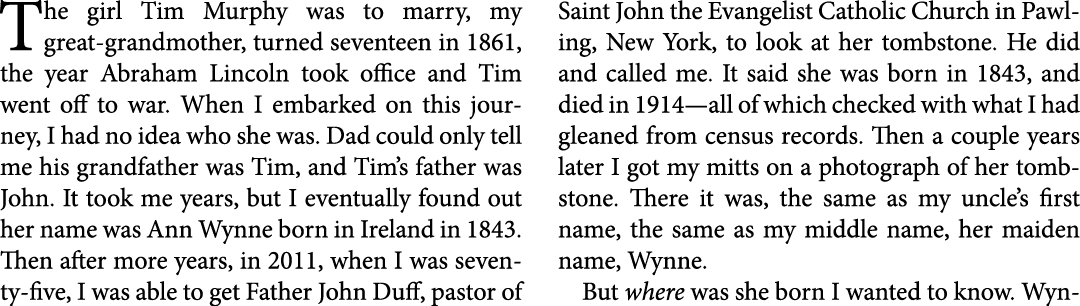 The girl Tim Murphy was to marry, my great grandmother, turned seventeen in 1861, the year ﻿Abraham Lincoln took offi...