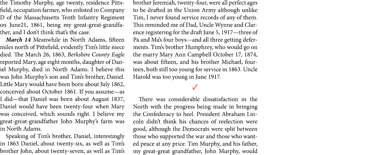 the ﻿Timothy Murphy, age twenty, residence ﻿Pittsfield, occupation farmer, who enlisted in Company D of the ﻿Massachu...