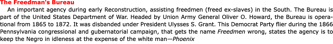 The Freedman's Bureau An important agency during early Reconstruction, assisting freedmen (freed ex slaves) in the So...