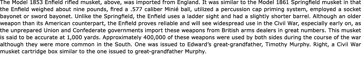 The Model 1853 ﻿Enfield rifled musket, above, was imported from England. It was similar to the Model 1861 Springfield...