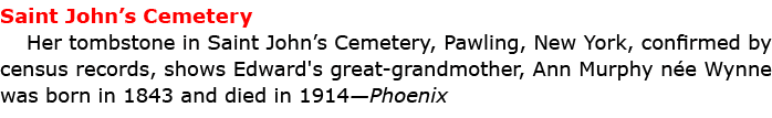 Saint John’s Cemetery Her tombstone in Saint John’s Cemetery, ﻿Pawling, New York, confirmed by census records, shows ...