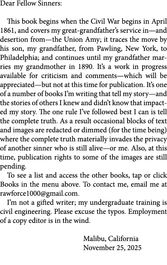 Dear Fellow Sinners: This book begins when the Civil War begins in April 1861, and covers my great grandfather’s serv...