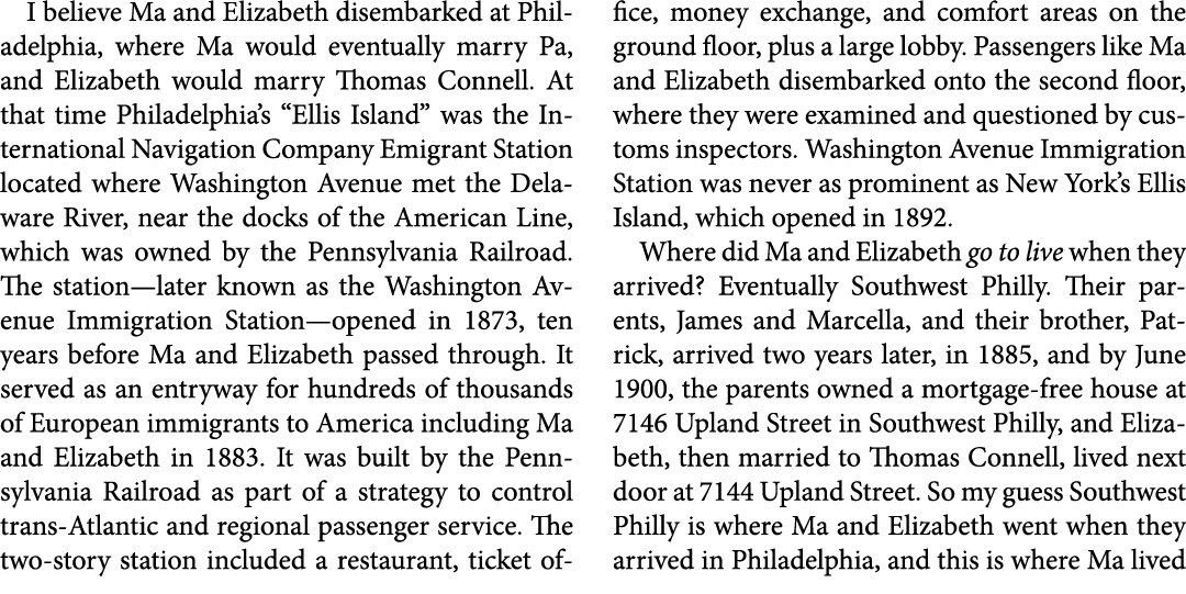 I believe Ma and Elizabeth disembarked at ﻿Philadelphia, where Ma would eventually marry Pa, and Elizabeth would marr...