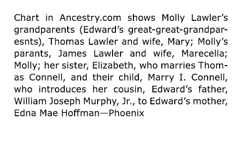 Chart in Ancestry.com shows Molly Lawler’s grandparents (Edward’s great great grandparesnts), Thomas Lawler and wife,...
