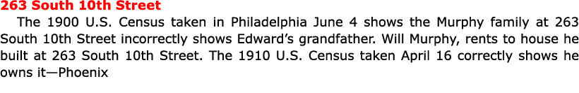 263 South 10th Street The ﻿1900 U.S. Census taken in ﻿Philadelphia June 4 shows the Murphy family at ﻿263 South 10th...