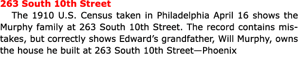 263 South 10th Street The ﻿1910 U.S. Census taken in ﻿Philadelphia April 16 shows the Murphy family at ﻿263 South 10...