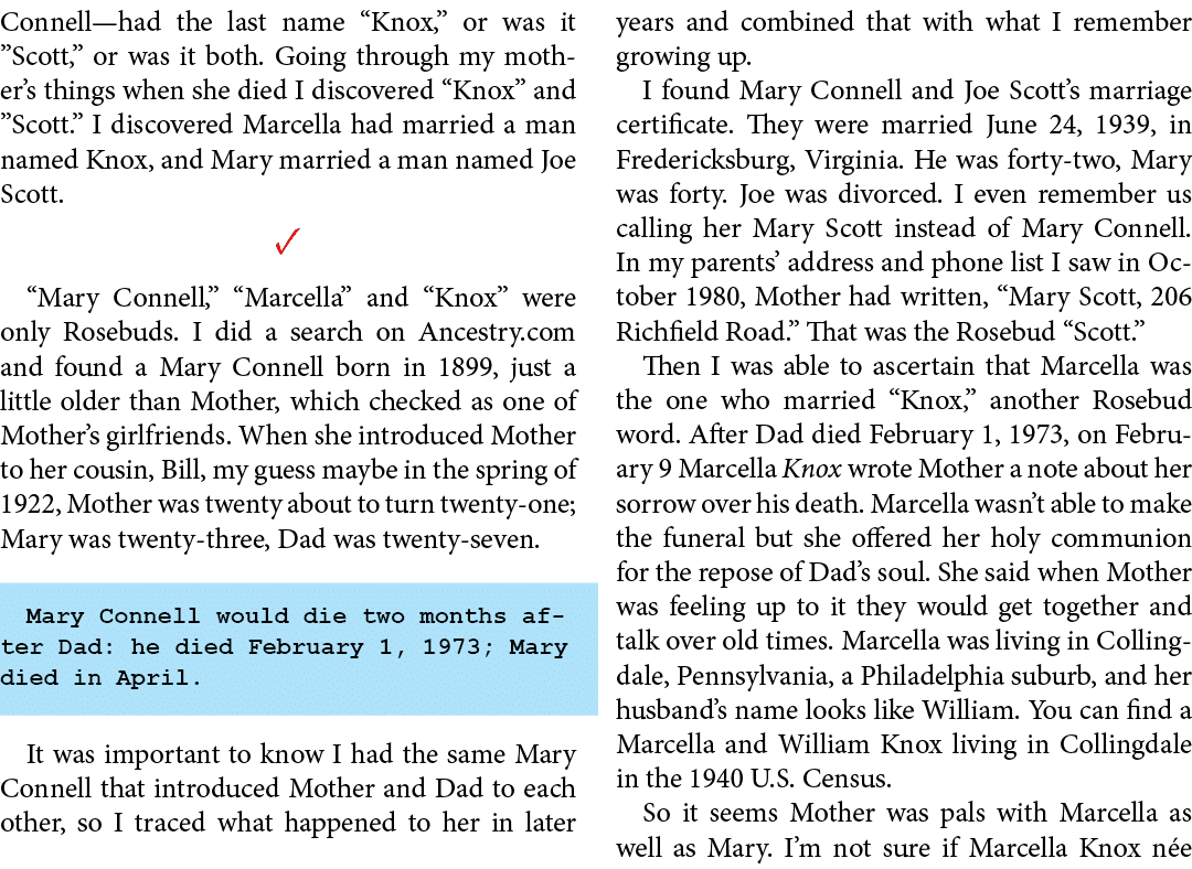 Connell—had the last name “Knox,” or was it ”Scott,” or was it both. Going through my mother’s things when she died I...