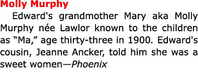 Molly Murphy Edward's grandmother Mary aka Molly Murphy n e Lawlor known to the children as “Ma,” age thirty three in...