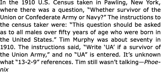 In the ﻿1910 U.S. Census taken in ﻿Pawling, New York, where there was a question, “Whether survivor of the Union or ﻿...