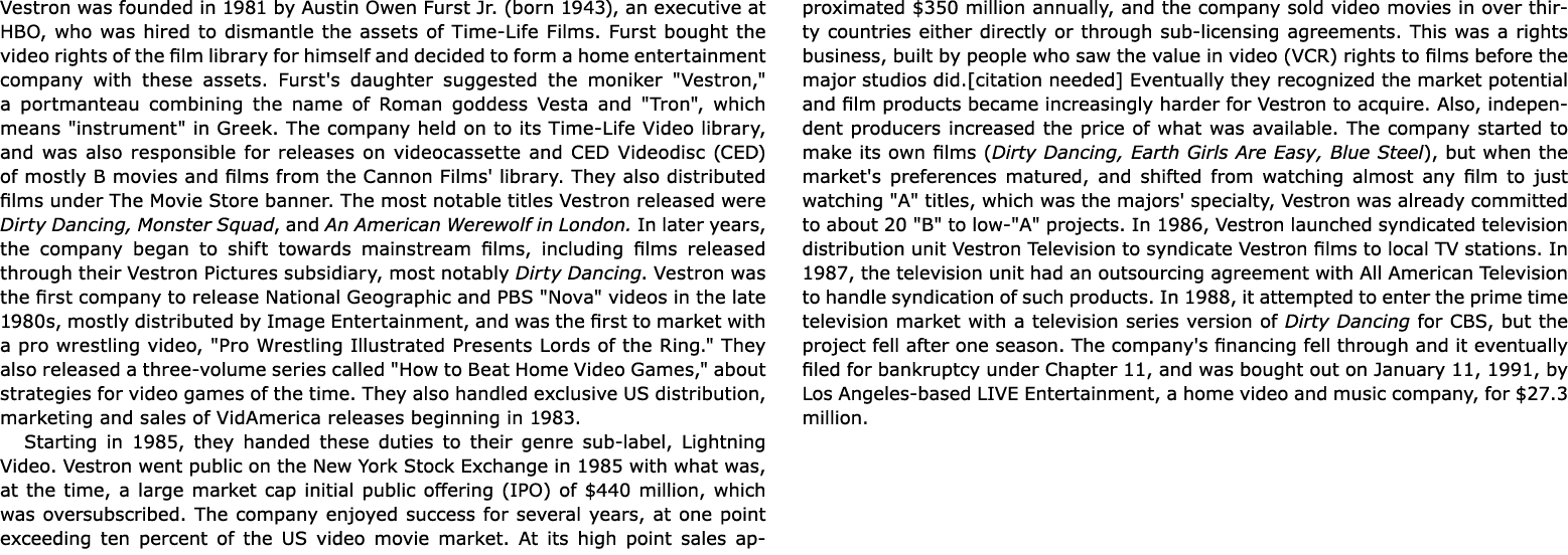 Vestron was founded in 1981 by Austin Owen Furst Jr. (born 1943), an executive at HBO, who was hired to dismantle the...